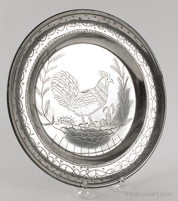 Antique Pewter, Marriage Plate with Wrigglework, Rim with Zigzag Design Centering Cockerel.